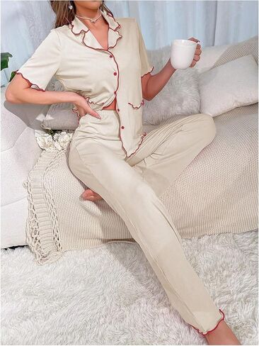 MakeMeChic Women's Summer Pajamas Two Piece Loungewear Set Lettuce Trim Short Sleeve Button Down Shirts Pants PJ Sets in Saudi Arabia