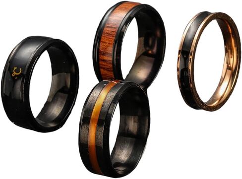 GORGLITTER Men's 4 Pieces Simple Wooden Texture Ring Set Stainless Steel Stackable Ring in Saudi Arabia
