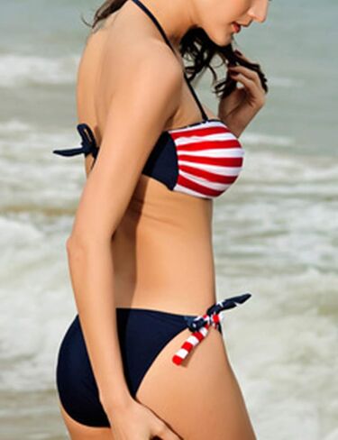 Women's Sexy 2 Piece US Flag Graphic Bandage Bra and Bottom Swimsuits Set Lace Up Patriotic July 4th String Bikini Swimwear in Saudi Arabia