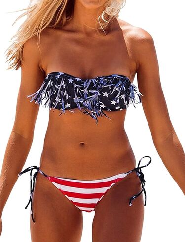 Women's Sexy 2 Piece US Flag Graphic Bandage Bra and Bottom Swimsuits Set Lace Up Patriotic July 4th String Bikini Swimwear in Saudi Arabia