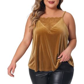 Agnes Orinda Plus Size Sexy Velvet Cami for Women Lace Front V Neck Sleeveless Camisole Loose Fit Tank Tops