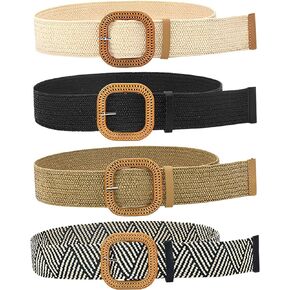 HMIEPRS 4 Pack Straw Woven Elastic Stretch Waist Belts, Boho Waist Braided Skinny Dress Belts for Women