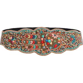 FASUND Bohemian Women Elastic Waist Belt Ethnic Beaded Flower Wide Waist Chain Strech Cinch Belt for Dresses
