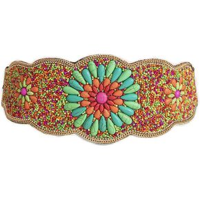 FASUND Bohemian Women Elastic Waist Belt Ethnic Beaded Flower Wide Waist Chain Strech Cinch Belt for Dresses
