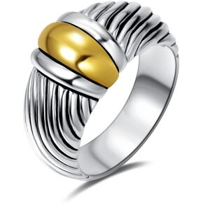 UNY JEWEL Ring 10mm Gold Color Bar Two Tone Gold And Silver Plating Twisted Cable Wire Designer Inspired Womens Jewelry Ring Bands
