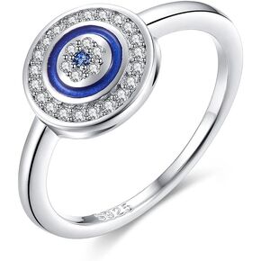 Round Blue Evil Eye Band Ring in Sterling Silver 925 Cubic Zirconia & Enamel Size 6-8