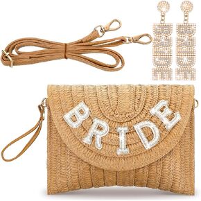 Silkfly Bride Straw Shoulder Bag Beach Purses with Rhinestone Bride Earrings Crossbody Woven Summer Bag Envelope Straw Handbag for Gifts Bridal Party