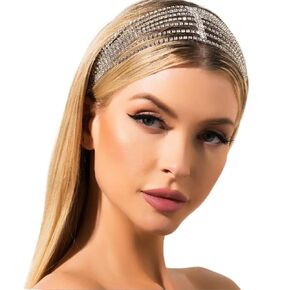 Layered Head Chain Rhinestone Hair Jewelry Elastic Headpiece Wedding Crystal Bridal Prom Costume Headband for Women and Girls