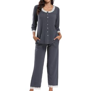 FMIRREO طقم بيجامة نسائي بأكمام طويلة ملابس نوم ناعمة طقم ملابس نوم بيجامة علوية من الدانتيل ورقبة وسراويل Pjs S-XXL in Kuwait