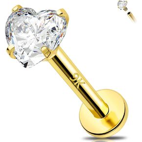 Melighting 14K Solid Gold Cartilage Earring 16G Gold Heart Flat Back Earring Star Helix Piercing Jewelry Internally Threaded Curved CZ Gold Labret Jewelry for Women 8mm