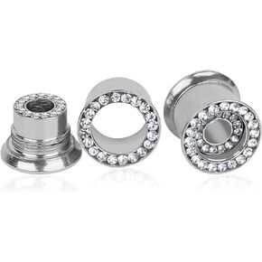 CAIRIAC Diamond Gauges Rhinestone Plugs Crystal Tunnels for Ears, Stainless Steel Double Halo Ear Tunnel Diamond Plugs Screw Back Gauges Earrings for Women Men (Silver, 1 Pair)