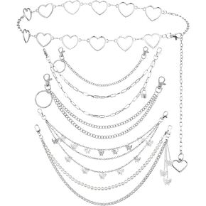 6 Pieces Punk Jeans Pants Chain Trousers Chain Heart Leaves Star Pocket Waist Chain Multi-layer Hip Hop Rock Chain Belt Punk Chain for Pants Silver Metal Wallet Chain Body Jewelry with Lobster Claw
