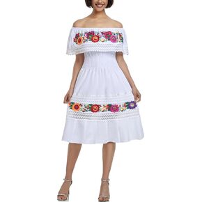 YZXDORWJ Mexican Dress for Women Embroidered Traditional Boho Theme Fiesta Floral Lace Off-Shoulder Ruffle Party Dress