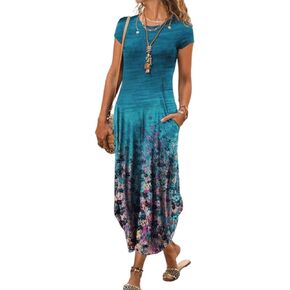 AHAIJ Women Summer Casual Maxi Dress Floral Printed Loose Pockets Short Sleeve Split Boho Dresses