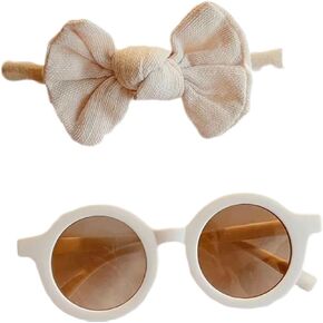 2pcs/Set New Baby Girls Cute Solid Color Bowknot Hairband & Round Frame Sunglasses, Children's Sunglasses Kids Hair Accessories (white)