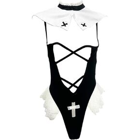 ZUYPSK Womens Lingerie Set Nun Costumes Halloween Role Play Fancy Dress up Deep V Front High Cut Thong Leotard Bodysuit