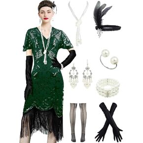 Women's 1920s V Neck Striped Gatsby Inspired Sequin Beads Long Fringe Flapper Dress w/Accessories Set