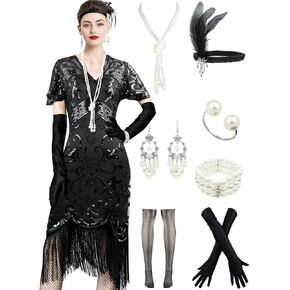 Women's 1920s V Neck Striped Gatsby Inspired Sequin Beads Long Fringe Flapper Dress w/Accessories Set in Kuwait