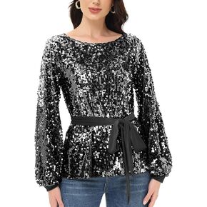 Anna-Kaci Long Sleeve Sequin Crew Neck Fashion Pullovers Sweatshirt Evening Party,