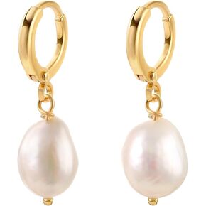 14k Gold Small Hoop Earrings with Simulated Baroque Pearl Earrings for Women | Pearl Drop Dangle Earrings Gold Hoop Earrings for Women in Kuwait