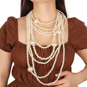 Jumwrit Vintage 1920s Pearl Necklace Layered Big Round Pearl Choker Long Necklace Statement Multi Strand Pearl Necklace Chunky Faux Pearl Costume Jewelry for Women and Girls