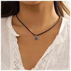 Yheakne Boho Leather Eye Choker Necklace Black Leather Necklace Blue Evil Eye Pendant Necklace Lucky Eye Necklace Chain Jewelry for Women and Girls Protection Amulet Gifts