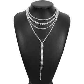 Layered Rhinestone Necklace Y Rhinestone Necklace Sparkly Crystal Necklace Chain Crystal Long Choker Chain Tassel Bib Choker for Women Girls - Silver