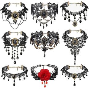 9 Pieces Halloween Gothic Lace Choker Black Neck Chain Collar Statement Choker with Pendant Steampunk Elegant Retro Victorian Sexy Necklace Jewelry Gift for Women Lady Girl