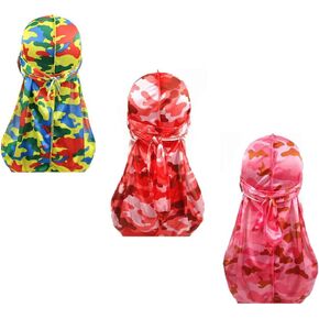 Military Camouflage Premium Silky Durags with Long Tail Colorful 360 Waves Doo rag for Men Du rag Cap (3/4 Packed)