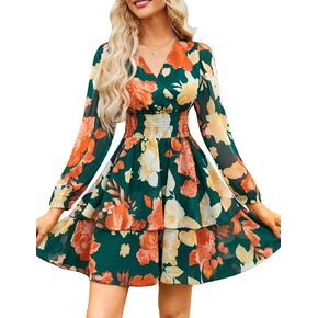 VIDUSSA Women's Floral Print V-Neck Mini Dress Chiffon Long Sleeve Ruffle Layer Skater Swing Flowy Wrap Smocked Short Dresses