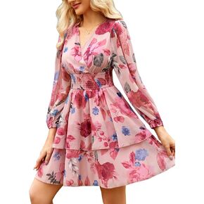 فستان VIDUSSA نسائي قصير برقبة على شكل حرف V مطبوع عليه زهور من الشيفون وأكمام طويلة وطبقة مكشكشة متزلج متأرجح وملتف فساتين قصيرة سموكد in Kuwait