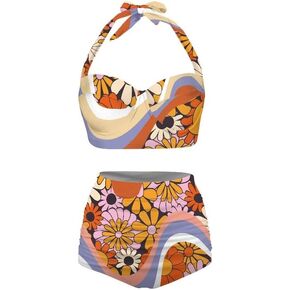 Jndtueit Butterfly Women's Retro Ruched Ruffle High Waist Bikini Set, Flag Tankini Swimsuits Tummy Control Swimwear