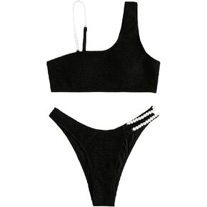 GORGLITTER Women's High Cut Thong Swimsuit Cut Out Pearl Bikini Set Ribbed Knit Bathing Suit in Saudi Arabia
