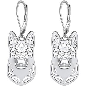 German Shepherd Dog Sterling Silver Necklace Dangle Earrings Set by Ginger Lyne Ears Down Puppy Dog Pet Pendant Box Chain Doggie Animal Paw Print Heart Jewelry for Pit Mom