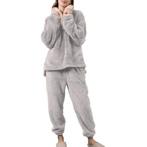 Women's Long Sleeve Shirt Pants Set Cute Fuzzy Fleece Pajama Set 2 Piece Pjs Winter Warm Baggy Oversized