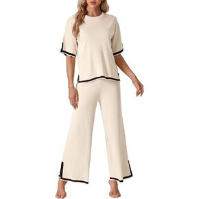 Rooscier Women's Lounge Set Short Sleeve Tee Wide Leg Long Pants Pajama Sets