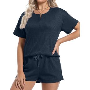 Pajamas Lounge Sets for Women 2 Piece Shorts Waffle Knit Summer Comfy Pj Loungewear Set Sleepwear with Pockets