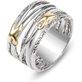 JadeAngel Designer Jewelry Two Tone Cable Wire Intertwined Crossover Statement Ring Chunky 11 mm Wide Band Rings for Women Gift