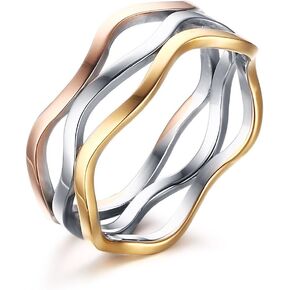 VNOX Womens Girls Stainless Steel Tri-color Wave Band Ring for Wedding Promise Engagement