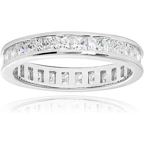 Hoops & Loops 925 Sterling Silver 2mm 3mm 4mm Princess-Cut Cubic Zirconia Channel Set Eternity Band Ring for Women Teen Girls | Silver, Yellow & Rose Gold