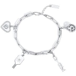 PickleBelle Pickle Me Silver Charm Bracelet for Women - Pickleball Bracelet With 4 Pickleball Themed Charms | Gifts for Pickleball Lovers, Pickleball Gifts for Women, Graduation Gift