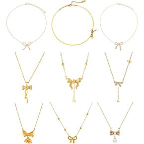 9 PCS Gold Bow Choker Necklace for Women Girls Bow Jewelry Dainty 14K Gold Plated Snake Chain Bow Pearl Necklace Fashion Jewelry for Gift Set