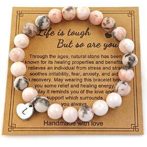 Handmade Alphabet Letters Love Heart Charm Pendant Healing Natural Gemstones 8mm Rose Pink Zebra Jasper Beads Stretched Beaded Bracelet,Anxiety Pain Stress Strain Fear Relief Beading Bracelets,Love Gift for Mother Grandmother Daughter Wife .