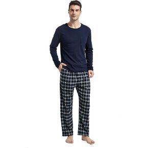 amaxer Men's Pajama Set 100% Cotton Flannel Plaid Pants Crew Neck Top Long Sleeves Pjs Elastic High Waist Sleepwear