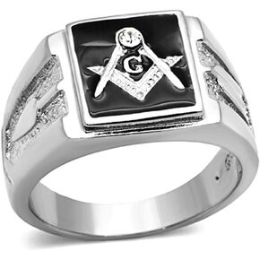 Marimor Jewelry Men's Stainless Steel 316 Crystal Masonic Lodge Freemason Ring Band Size 8-13