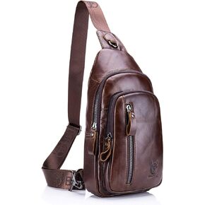 BULLCAPTAIN Mens Sling Bag Genuine Leather Chest Shoulder Backpack Crossbody Outdoor Travel Casual Daypack