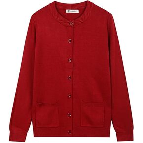 Women Thick Button Down Cardigan Sweaters Crew Neck Medium Weight Long Sleeve