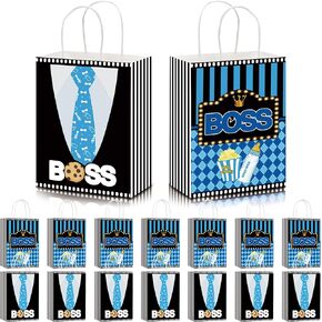 HAPPARTY 16 PCS BOSS Theme Party Gift Bags with Handles for Birthday Party Decorations, Black Blue Baby Boy Goodie Craft Bags, Boss Party Favor Grocery Retail Shopping Kraft Paper Take Out Bags