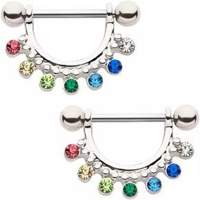 Pierced Owl 14GA 316L Stainless Steel Rainbow CZ Crystal Gem Lined Dangling Nipple Barbells, Sold as a Pair