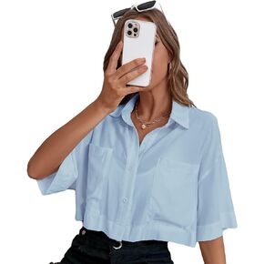 Women's Pocket Half Sleeve Button Front Summer Oversized Crop Blouse Tops